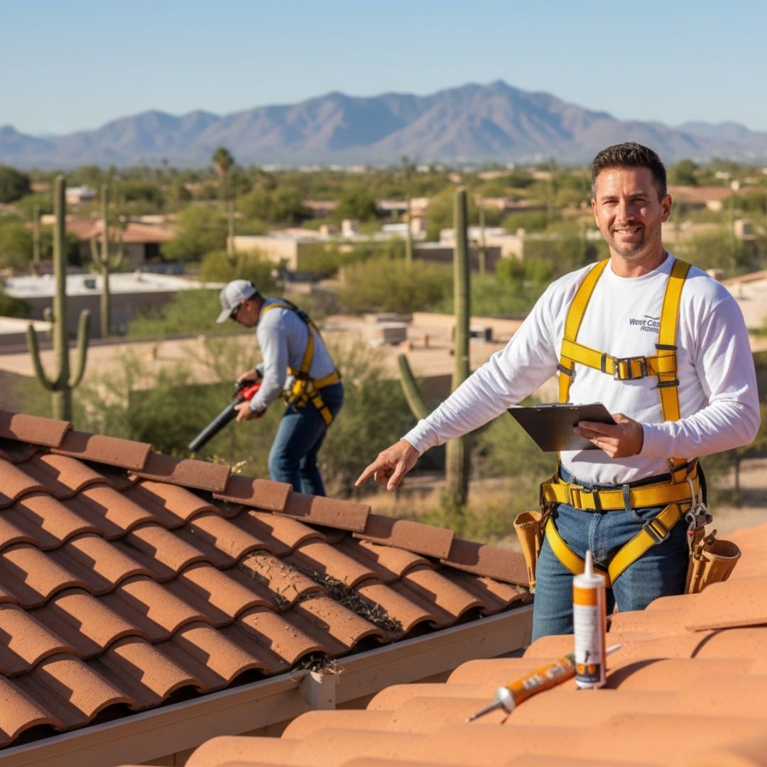 A smiling roofer in a safety harness points to a section of a terracotta tile roof, holding a tablet for inspection, with another roofer using a leaf blower in the background to clear debris from gutters, set against a desert landscape with mountains.