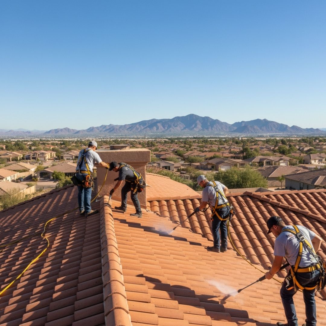 A team of four roofers in safety harnesses is performing a comprehensive cleaning and maintenance on a terracotta tile roof, using pressure washers to remove dirt and debris. The background showcases a vast residential area nestled in a desert landscape with mountains under a bright blue sky.