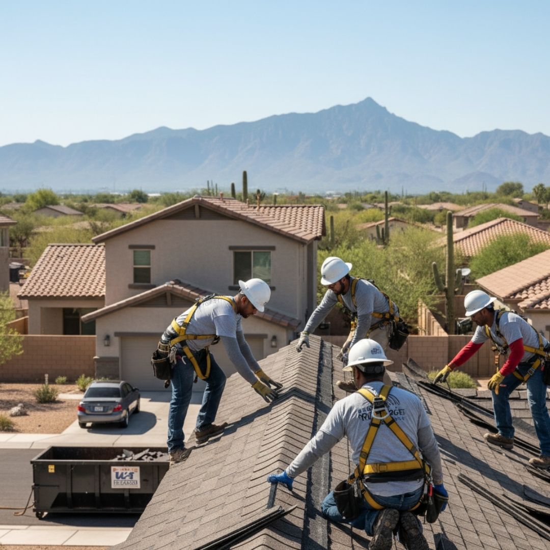 Four roofers in harnesses are working on a residential roof replacement, carefully removing old shingles on a sunny day with desert homes and mountains in the distance.