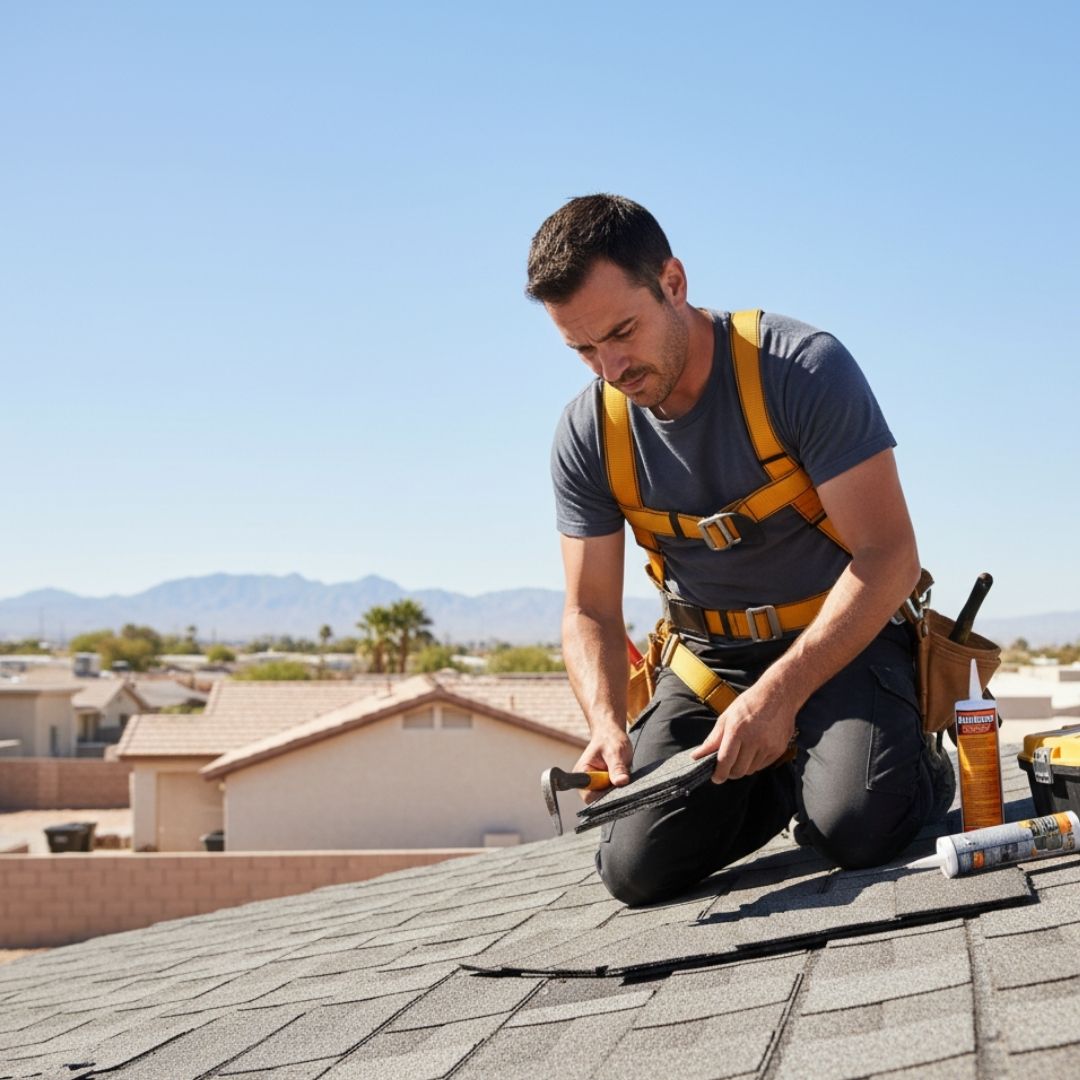 A focused roofing contractor wearing a safety harness and tool belt kneels on an asphalt shingle roof, performing a repair with a hammer and utility knife under a clear blue sky.