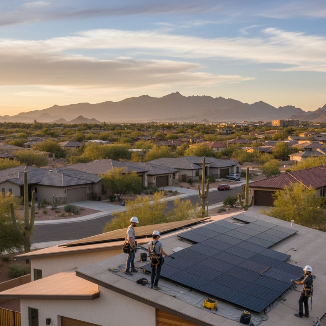 Aerial view of roofing contractors installing solar panels on a modern residential roof in a desert town with mountains in the background at sunset.