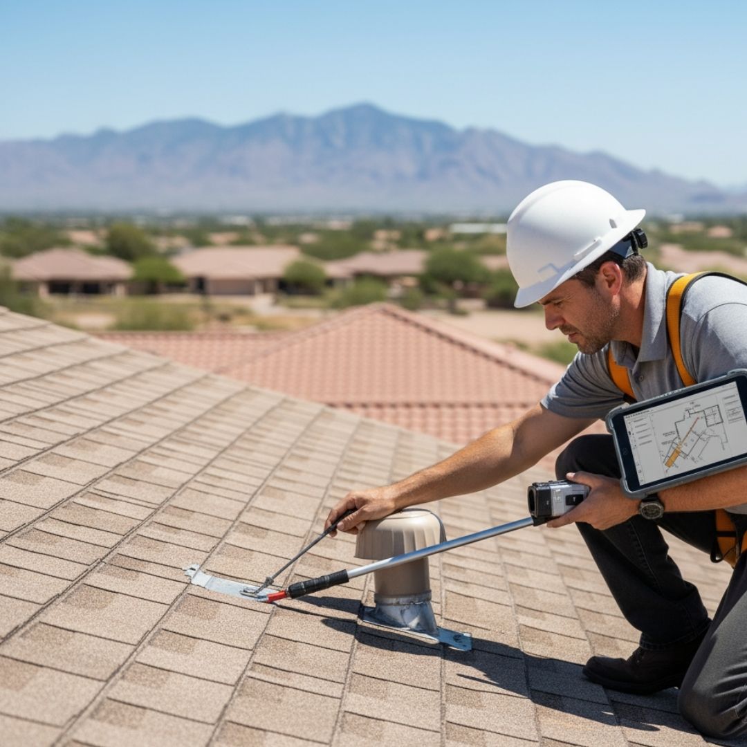 A professional roof inspector in a white hard hat and safety harness kneels on an asphalt shingle roof, using tools to examine a vent while holding a tablet displaying a roof schematic.