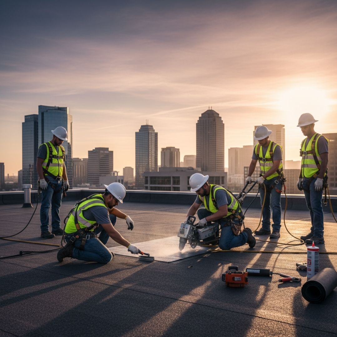 Five commercial roofing contractors in safety vests and hard hats are working on a flat black roof with tools, against a backdrop of a city skyline at sunset.