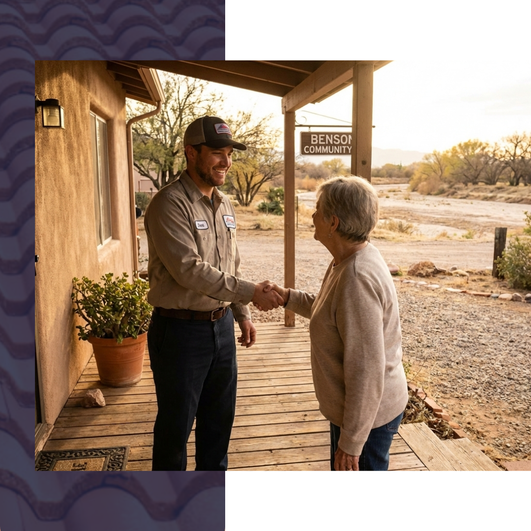 West Coast Roofing contractor greeting a homeowner at a Benson residence.
