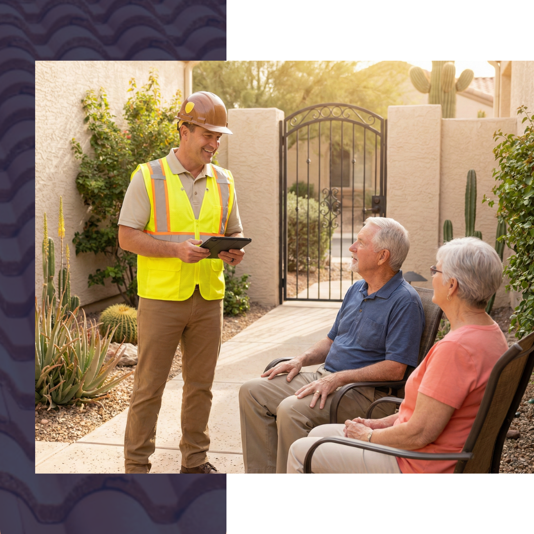 West Coast Roofing contractor consulting with homeowners in a Green Valley courtyard.