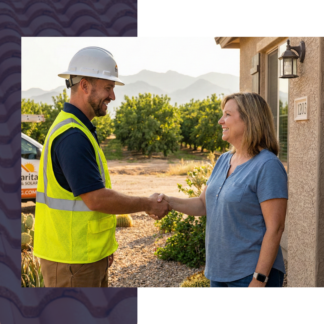 A West Coast Roofing contractor greeting a satisfied homeowner in Sahuarita.