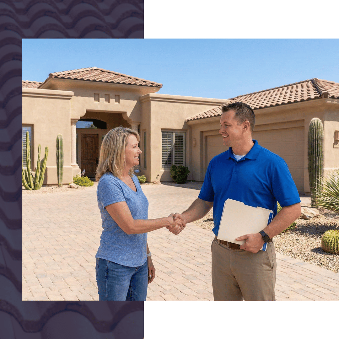 A roofing project manager in a blue polo shirt shaking hands with a homeowner in a sunny driveway while holding a professional service proposal.