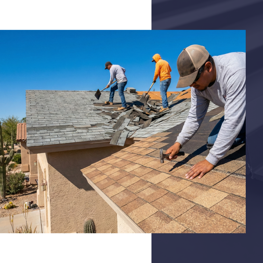 Roofing crew performing a residential roof replacement in the San Pedro Valley.