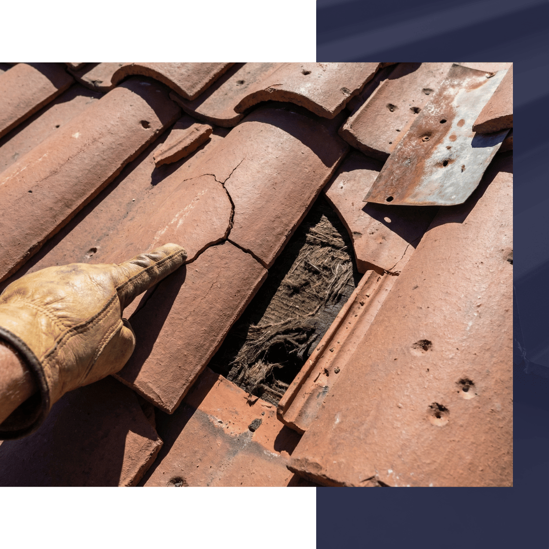 A detailed close-up showing cracked and missing clay tiles, exposing the underlying roof deck to the elements.