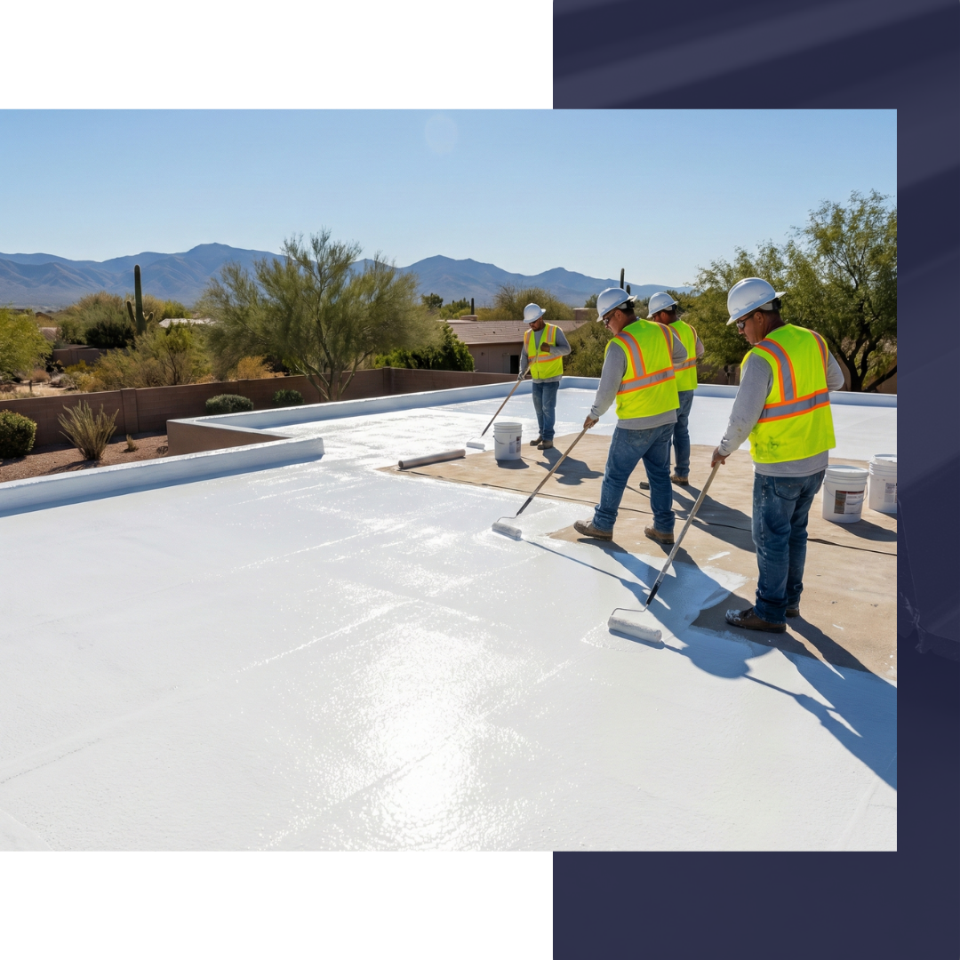 Roofing crew applying energy-efficient white coating during a roof replacement in Green Valley.