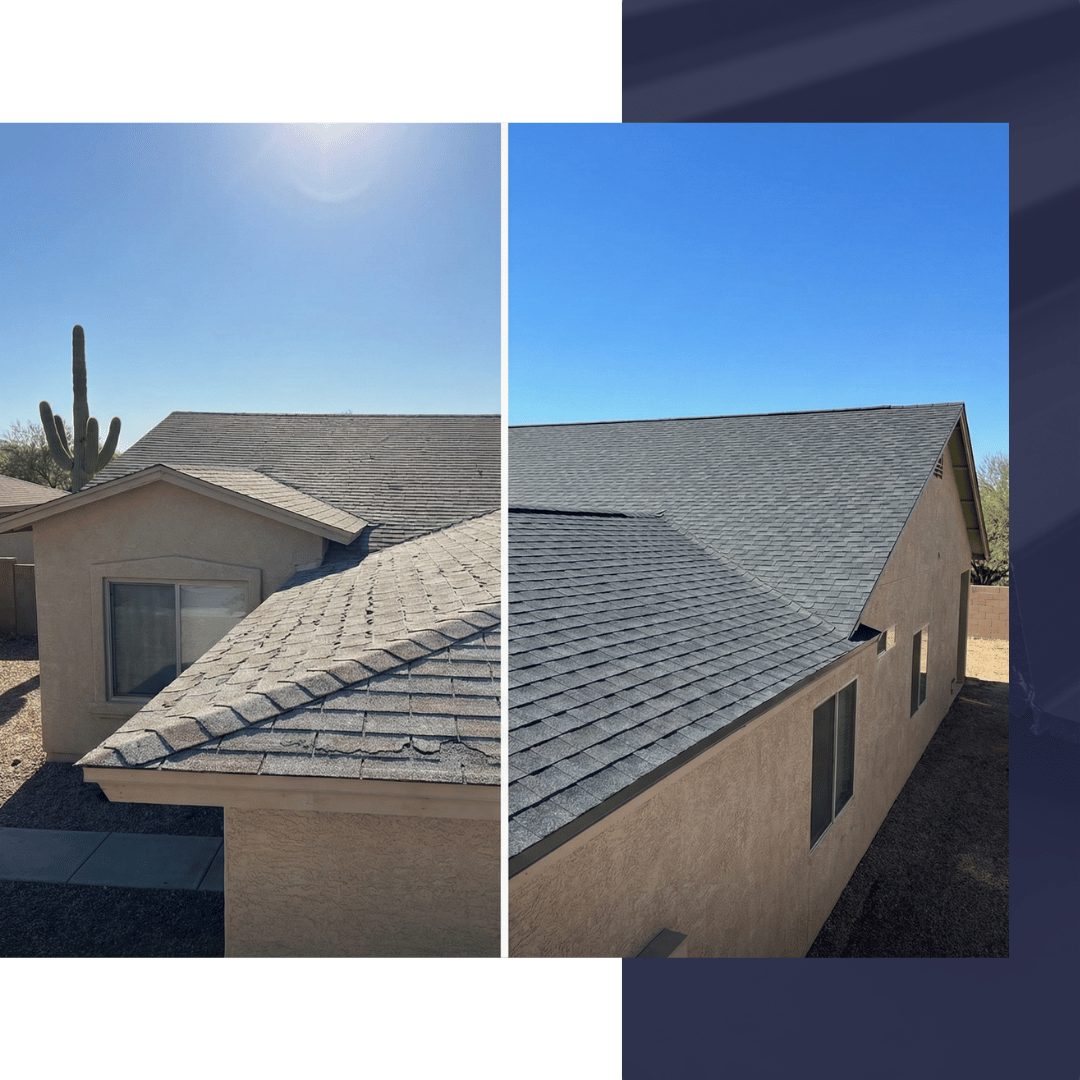 A split-screen comparison showing an old, weathered asphalt shingle roof on the left and a new, dark gray architectural shingle roof on the right.