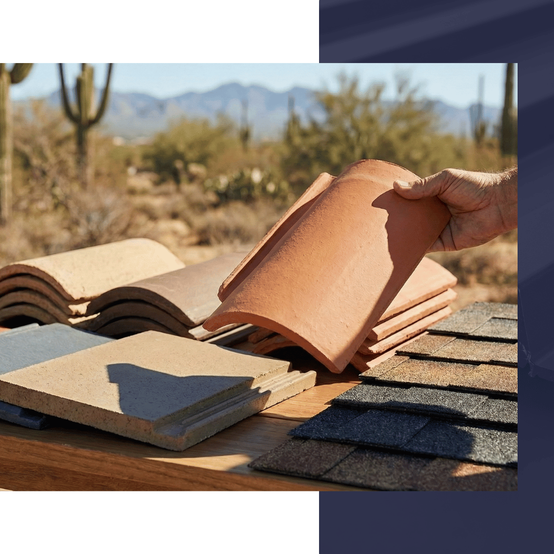 A close-up photograph of hands displaying high-quality clay roof tiles and asphalt shingles against a desert landscape background.