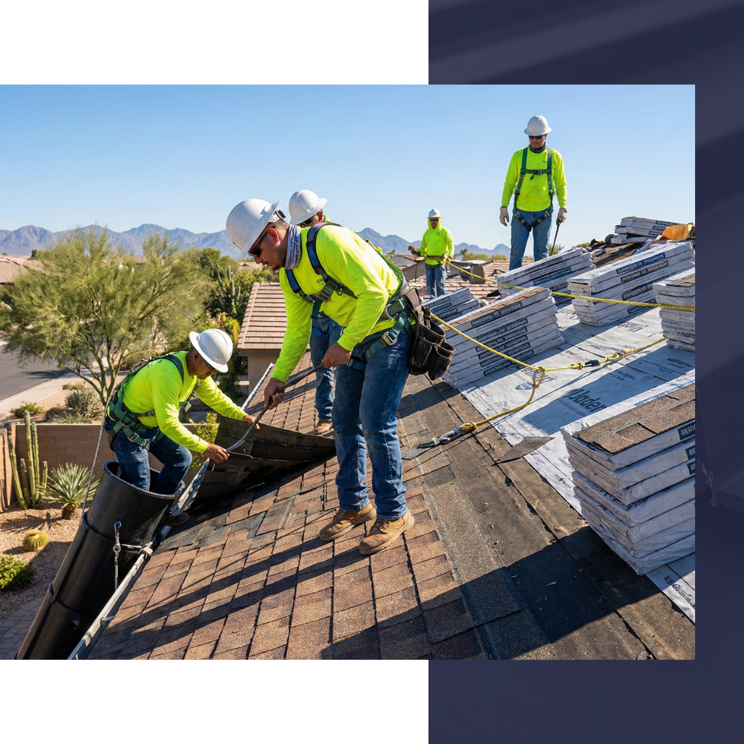 Professional roofing crew performing a residential roof replacement in Southern Arizona.