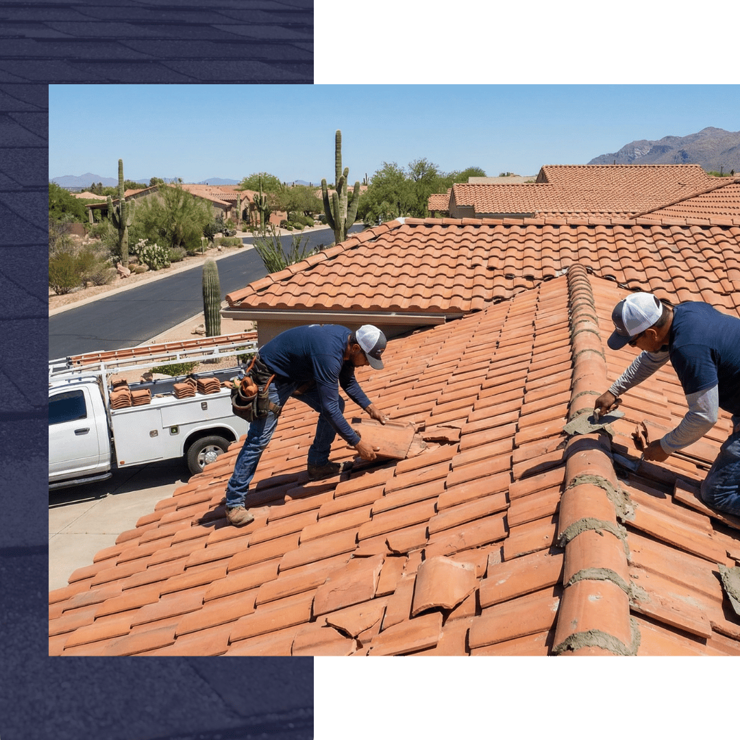 Two professional roofers working together to repair a large section of a red clay tile roof on a sunny day.