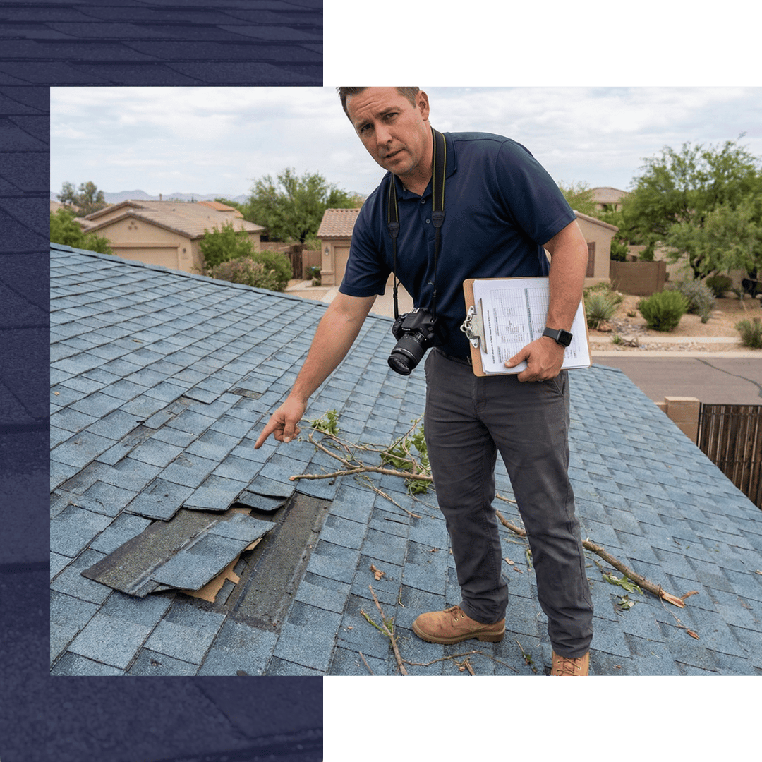 A roofing project manager pointing to damaged and missing shingles on a residential roof during a professional inspection.