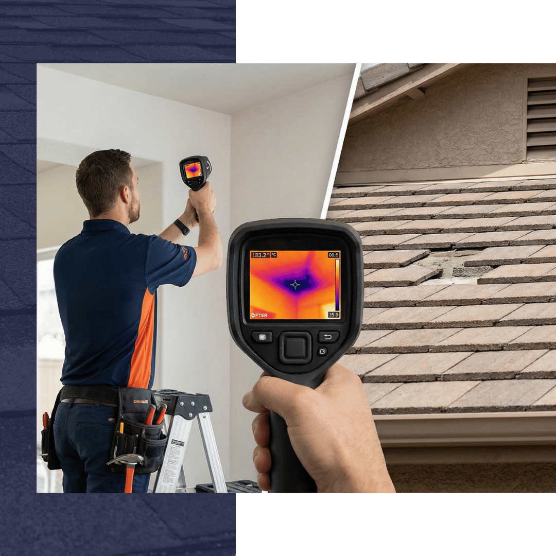 A split-view image showing a technician using a thermal imaging camera inside a home to detect moisture, with the camera screen displaying a purple and orange heat map of a ceiling leak.