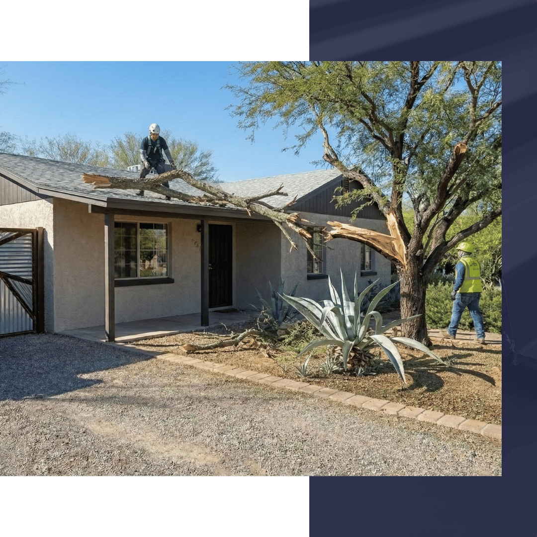 A photograph of a large tree branch that has fallen onto a Tucson home's roof after a desert storm.