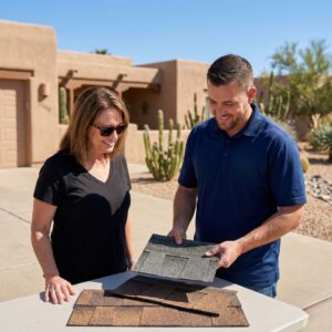 A roofing professional in a blue polo shirt showing asphalt shingle samples to a female homeowner outdoors in a sunny Tucson residential area.