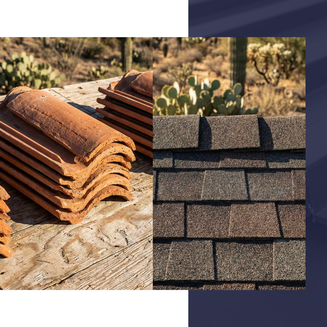A selection of durable roofing tiles and asphalt shingles suitable for Arizona homes.