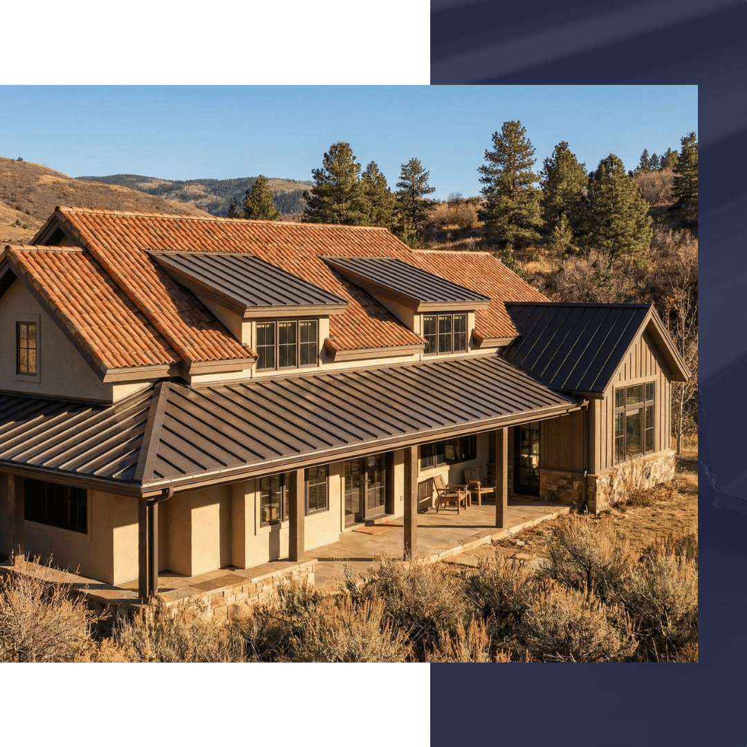 An architectural photograph of a high-end Southwest home featuring a combination of barrel clay tiles on the main roof and sleek, dark bronze standing-seam metal roofing on the porch.