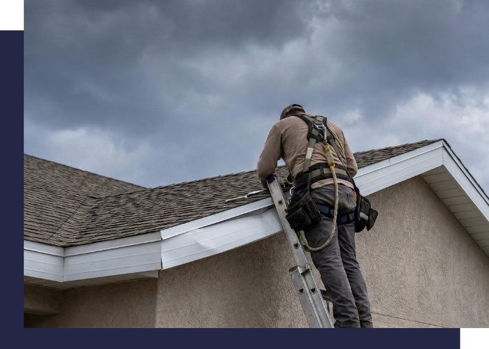 Technician performing rapid roof repair on wind-damaged fascia in Benson.