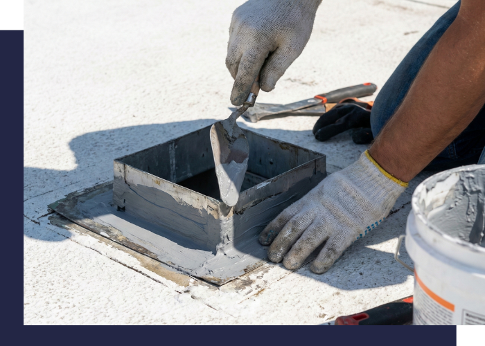A technician repairing a roof scupper and flashing on a Green Valley home.