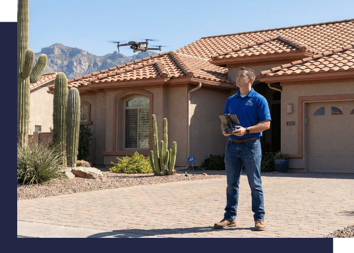 A roofing inspector in a blue shirt standing in a desert driveway, operating a drone to inspect a Mediterranean-style tile roof.