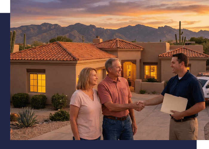 A West Coast Roofing representative shaking hands with a satisfied couple in front of their home at sunset, celebrating a successful project completion