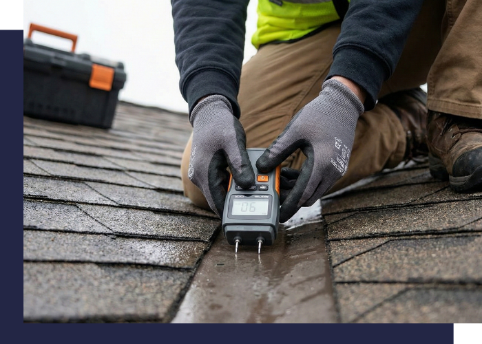 A technician performing precision roof repair and leak detection on a residential home.