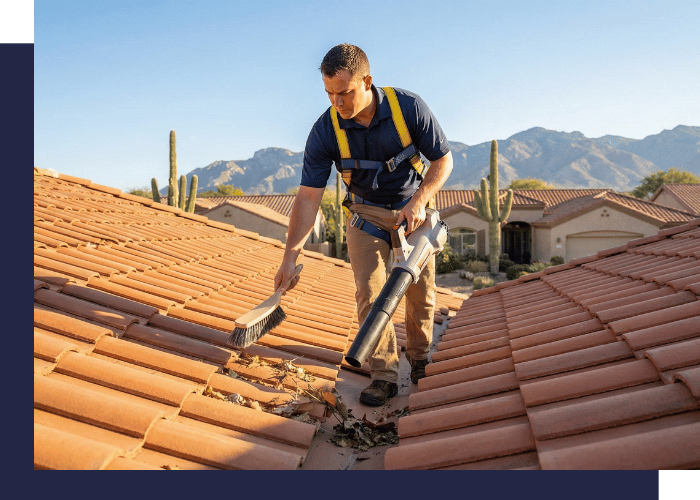 A professional roofer wearing a safety harness using a heavy-duty leaf blower to clear desert debris and leaves from the valley of a terracotta tile roof.