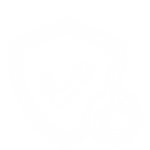 White line icon of a security shield with a checkmark and a 'thumbs up' symbol, representing reliability and warranty protection