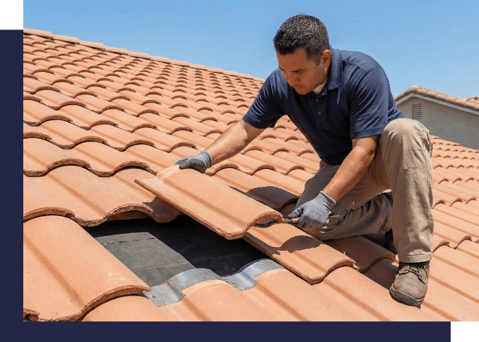 A close-up photograph of a roofer carefully replacing a broken clay tile on a residential roof in Tucson.