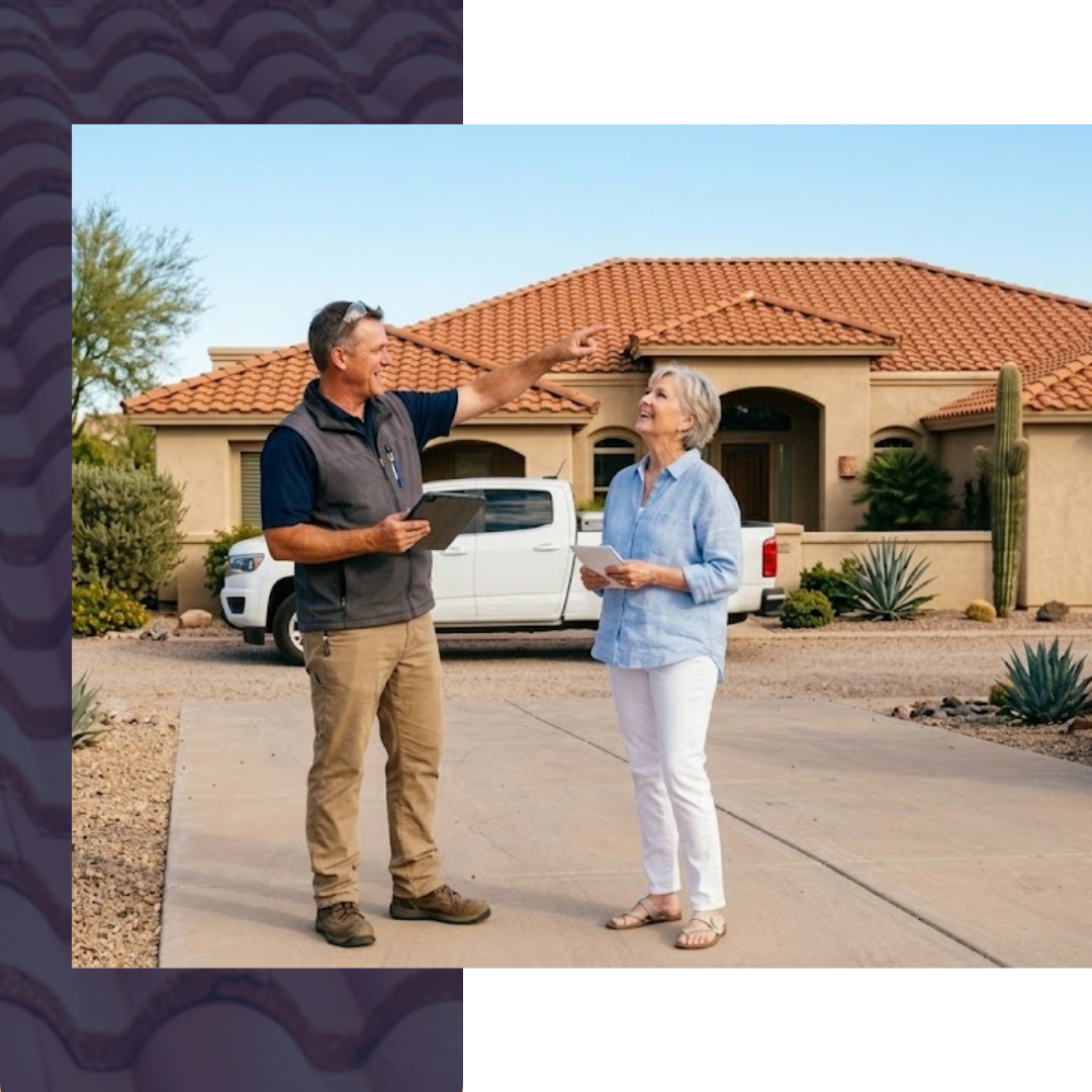 home owner with roofing contractor