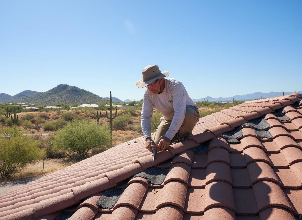 Man repairing terracotta roof tiles in a desert landscape