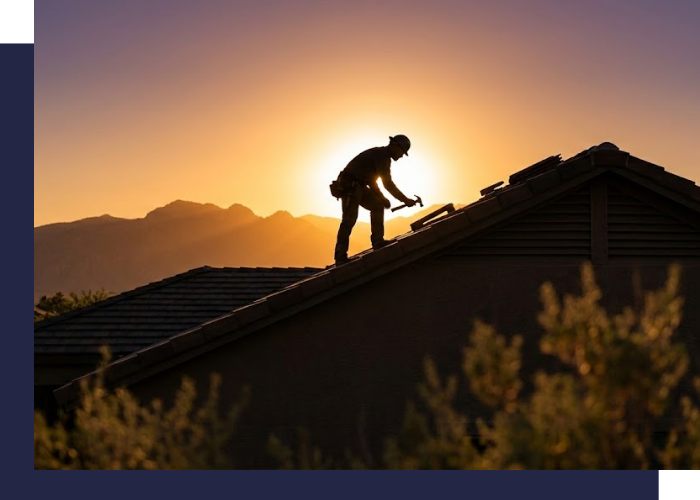 roofer on roof with sun behind him