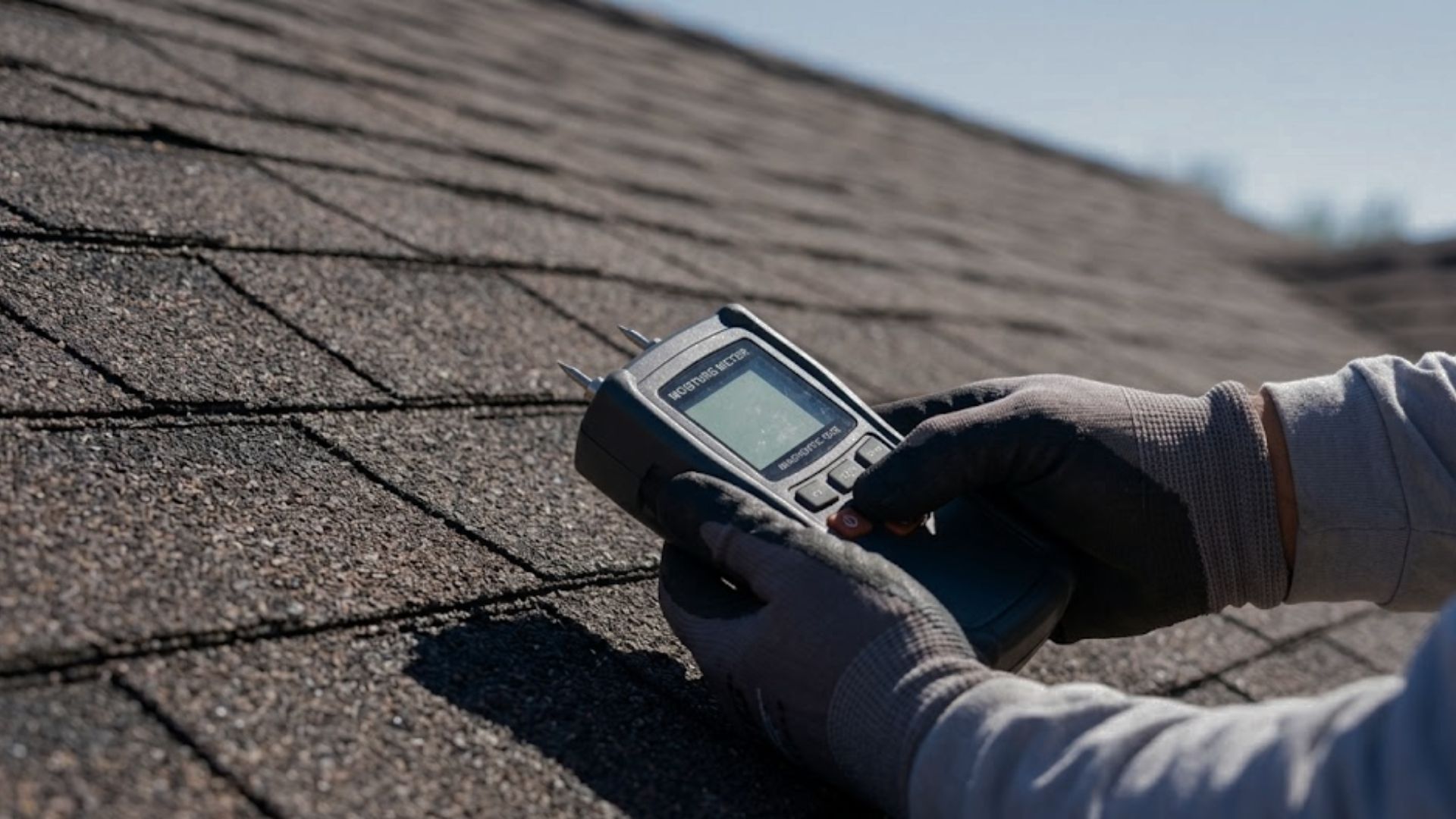 diagnostic tool (a moisture meter) on an asphalt roof