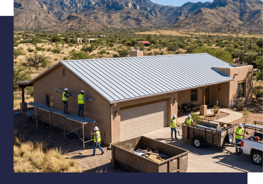A professional West Coast Roofing, LLC installation team completes a durable new roof on a Patagonia, AZ home with mountain views.