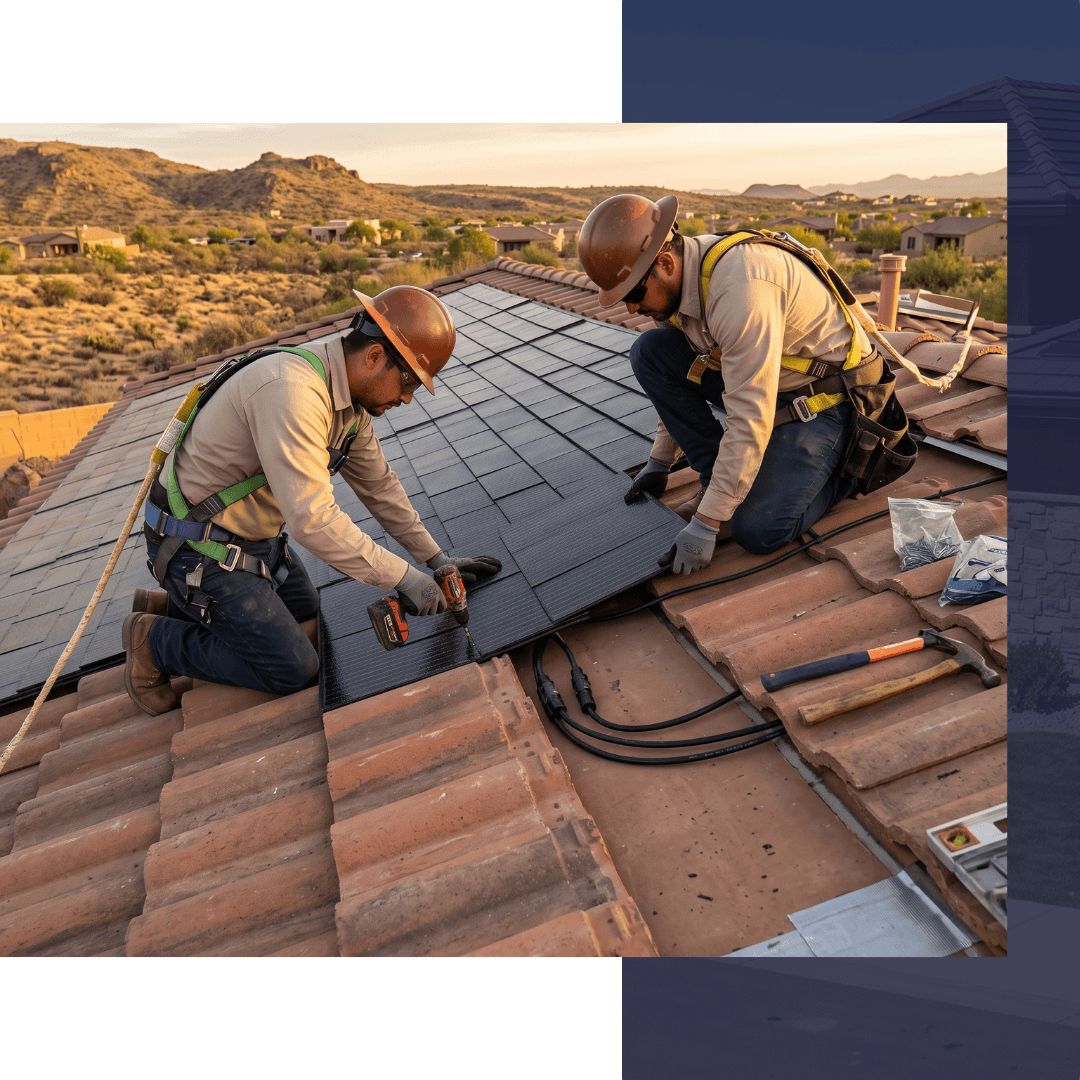 roofing technicians precisely integrating a photovoltaic solar shingles with new concrete roof tiles in Rio Rico, AZ, during golden hour