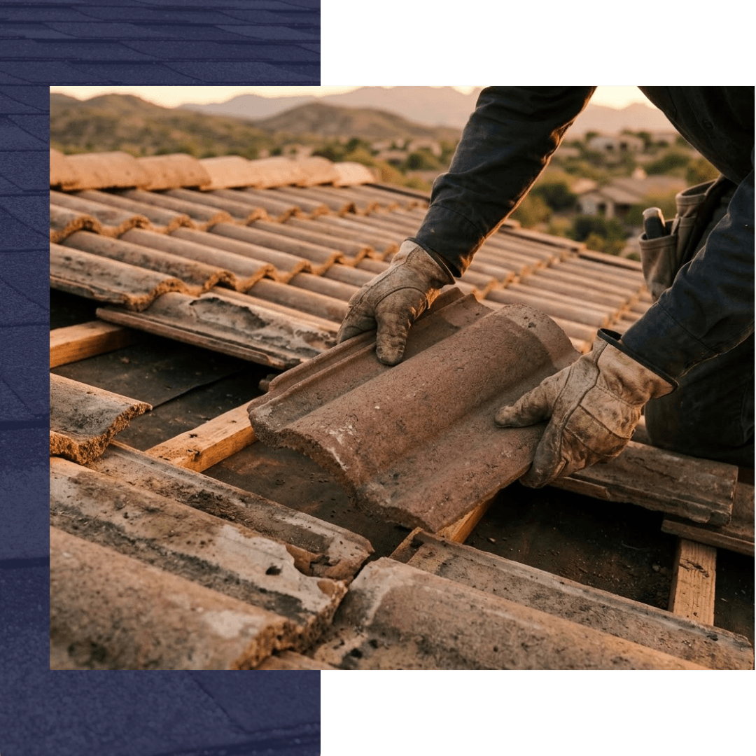 a roofer's hands meticulously replacing damaged concrete roof tiles in Rio Rico, AZ, during golden hour.