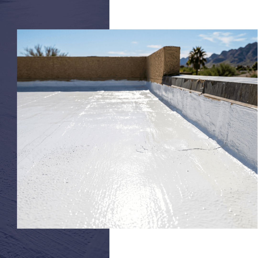 square-format photograph showing a detailed close-up of a bright white, reflective roof coating freshly applied to a flat roof section, visibly reflecting the strong Arizona sunlight.