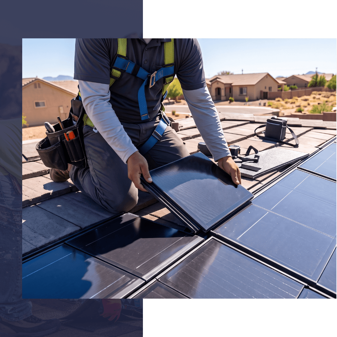 technician seamlessly installing innovative, high-efficiency solar roofing tiles that blend architecturally onto a clean residential roof in Sierra Vista, AZ, maximizing energy generation under intense desert sunlight.