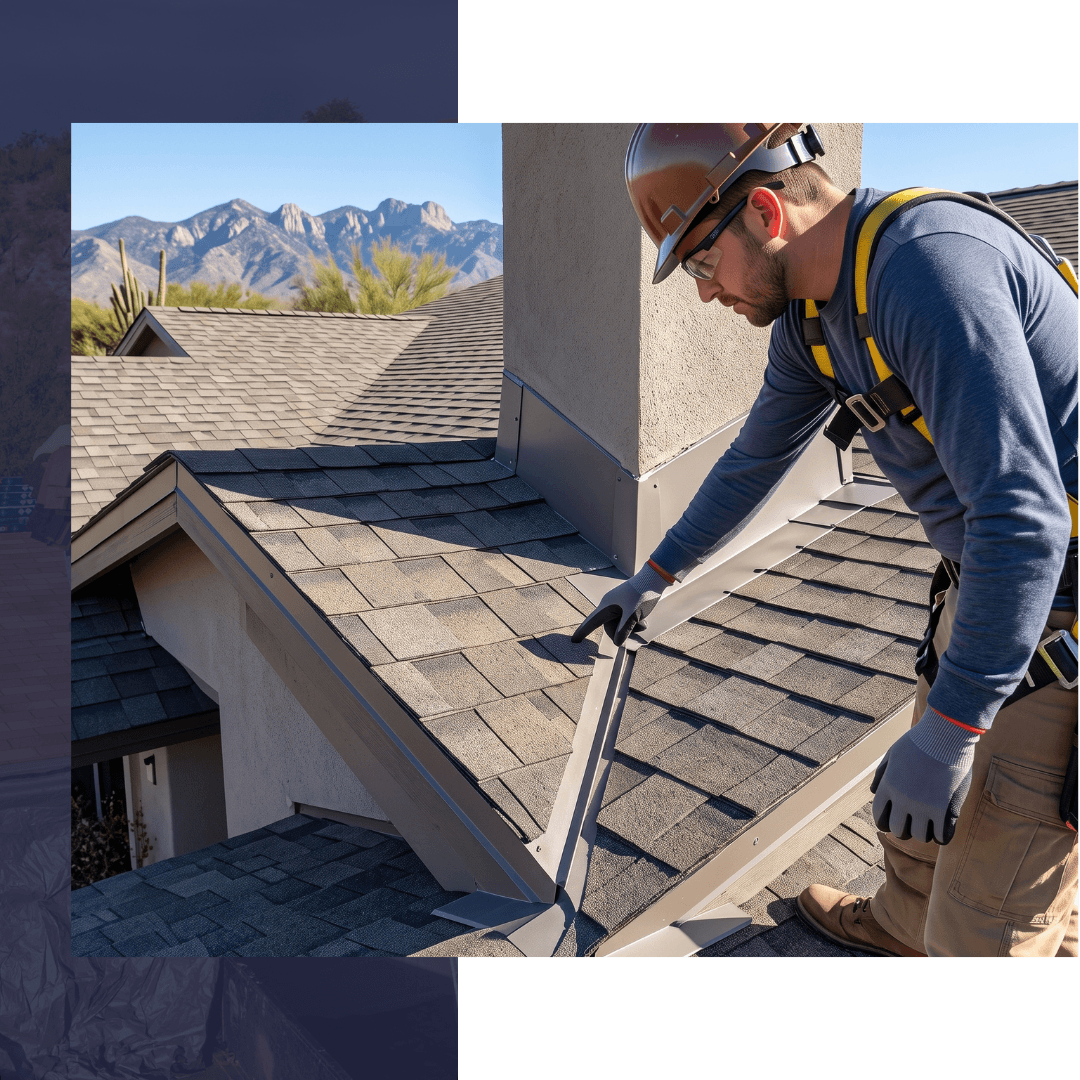 A close-up, high-resolution 1:1 stock photograph taken on a clear, sunny day in Sierra Vista, AZ. A West Coast Roofing technician in safety gear meticulously checks complex flashing details and shingles on a clean, well-maintained residential roof, illustrating professional maintenance capability for comprehensive services.