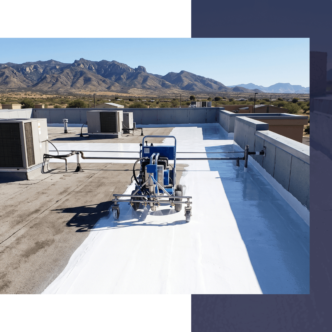 A 1:1 stock photo capturing a specialized West Coast Roofing applicator applying a smooth, bright white, reflective IntelliKoat™ by EnKoat coating onto a flat commercial roof section in Sierra Vista, AZ. The "IntelliKoat™ by EnKoat" bucket is visible, illustrating advanced thermal protection in the intense desert sun.