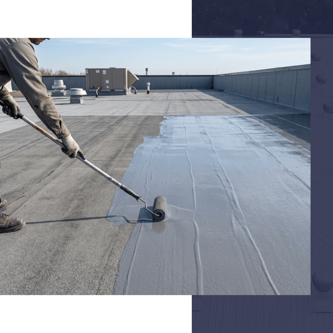 a gray elastomeric roof coating to a commercial flat roof surface with a paint roller, highlighting the protective layer.