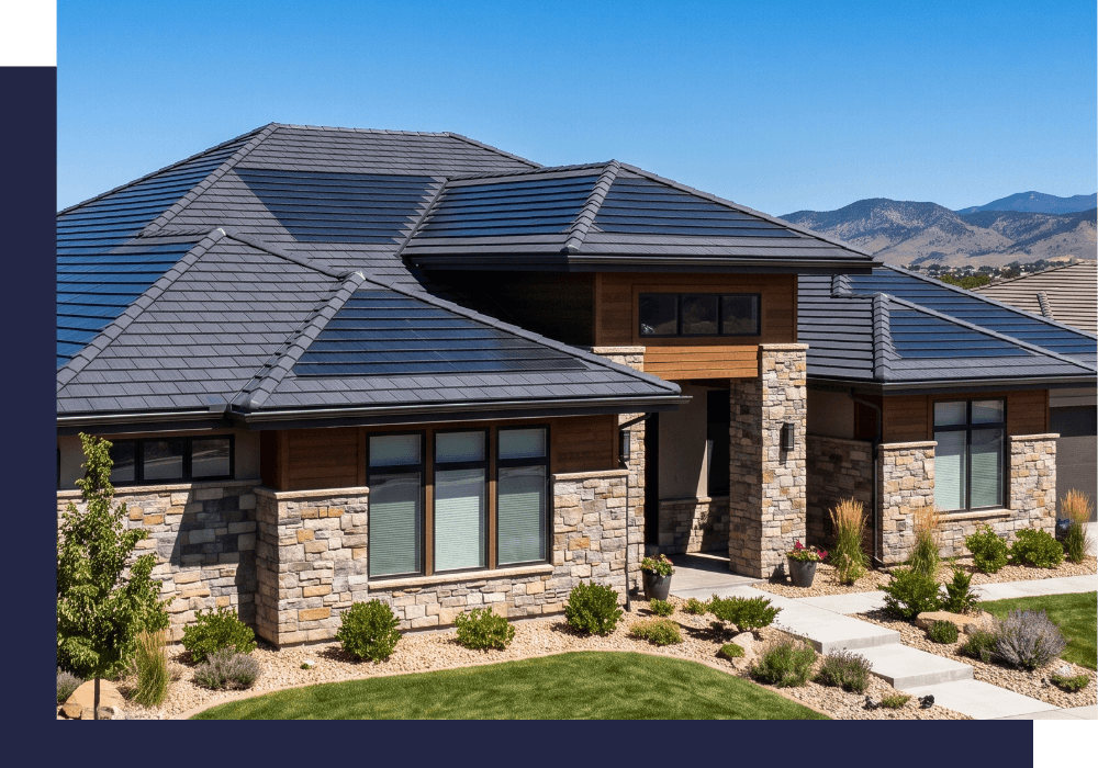 a modern, integrated solar tile roofing system installed on a residential home, blending seamlessly with the traditional roofline under clear blue Arizona skies.